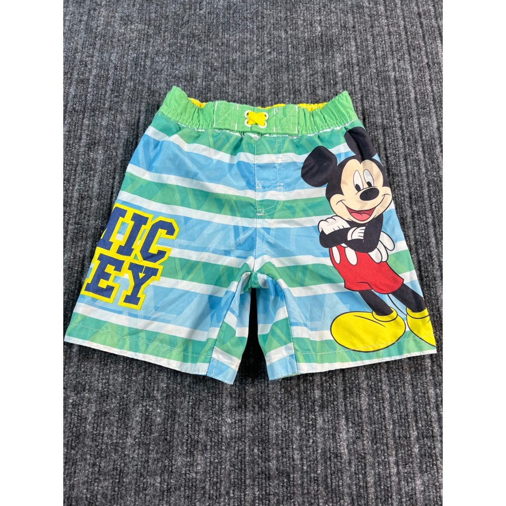 DISNEY Swim Trunks Boys 3T Blue Mickey Mouse Striped Board Shorts Pool Beach‎